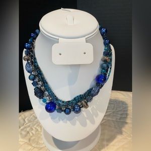 Necklace,glass & acrylic beads silver tone Boho, dress, Hanukkah blue festive